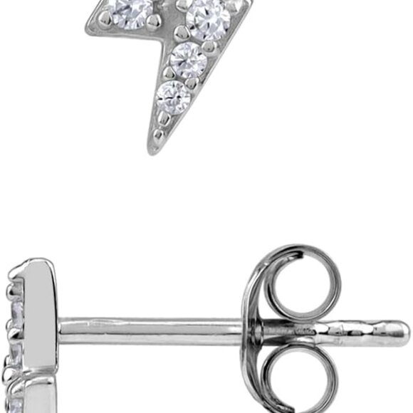 White Gold Plated Sterling Silver Lightning Bolt Stud Earrings, Trendy Birthston - Picture 1 of 5